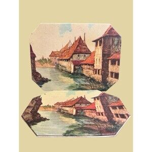 Set of 2 Vintage Trivet Coasters Paul Signac Village French MCM Retro Romantic
